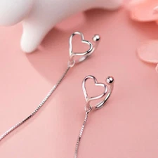 925 Sterling Silver Heart Ear Cuff Ear Thread Threader Earring Women A1468
