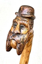 Vintage Antique 1800’ Folk Art Carved Wood Man In Hat Swagger Walking Stick Cane