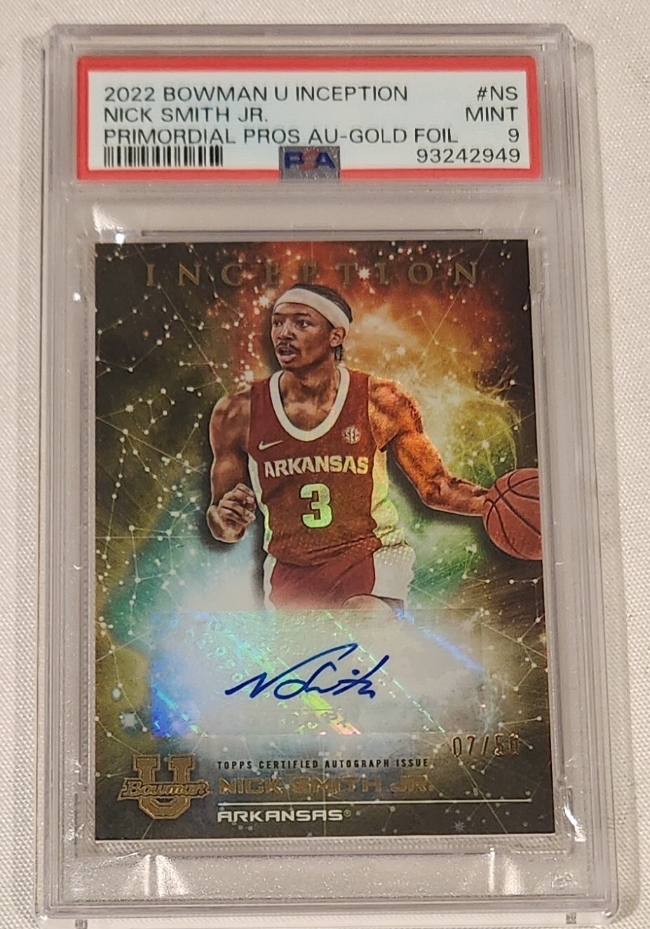 Bowman U Inception Primor Prosp 2022 lámina de oro automática 07/50 Nick Smith Jr NS PSA 9