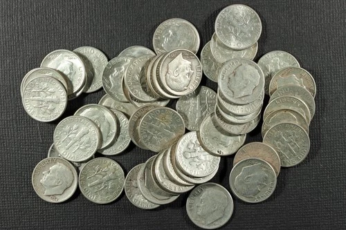 90% Silver Dime Roll. Mixed Mercury & Roosevelt, 50 dimes total, $5 face value.
