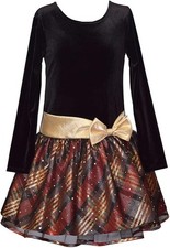 Bonnie Jean Girls Christmas Santa Holiday Velvet Drop Waist Black Gold Bow Dress