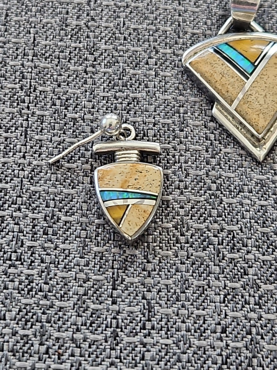 Vintage Navajo Sterling Silver Pendant & Earrings Signed Albert Francisco Opal View 3