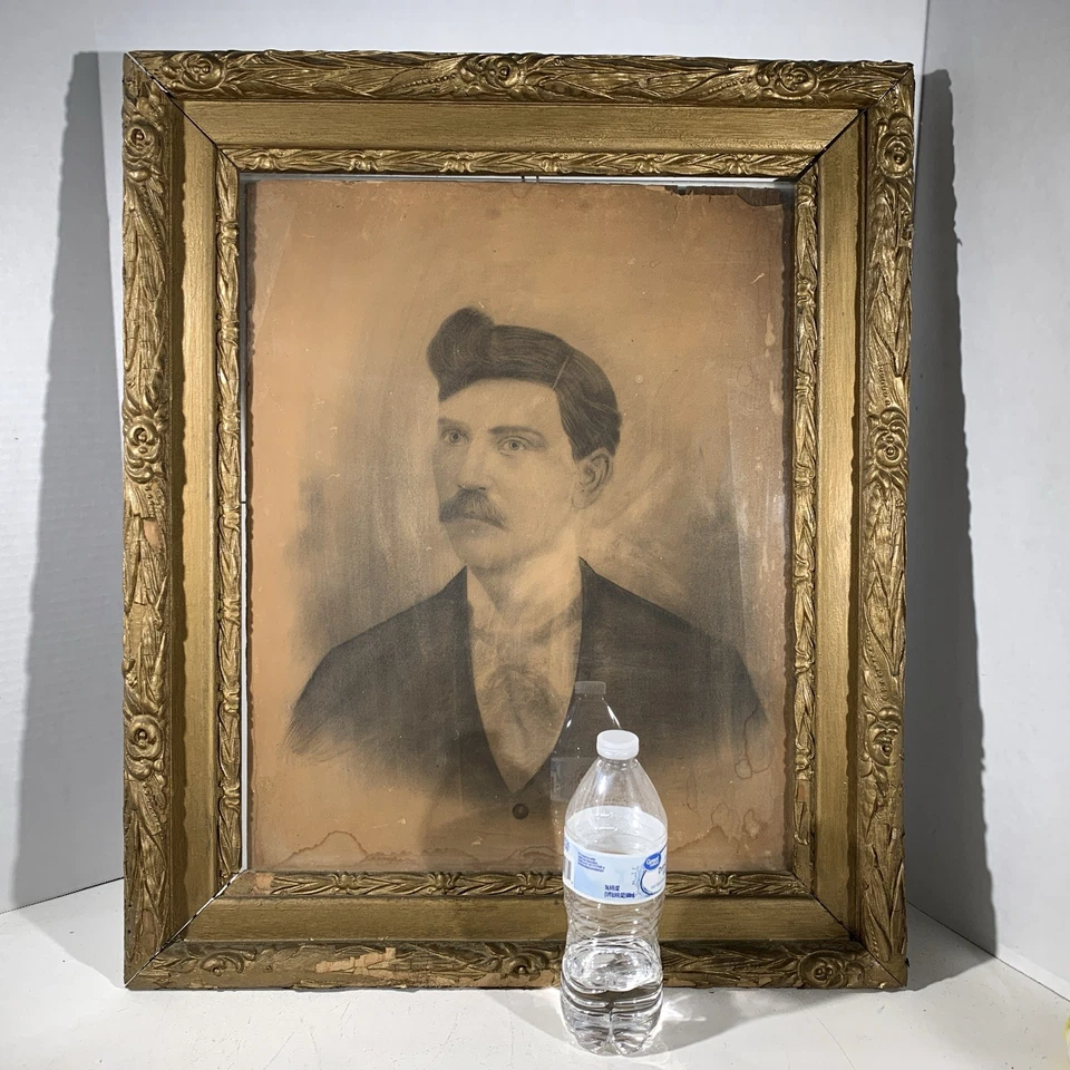 Antiguo arte pastel carbón enmarcado grande retrato dibujo hombre caballeros Foto 2 de 4