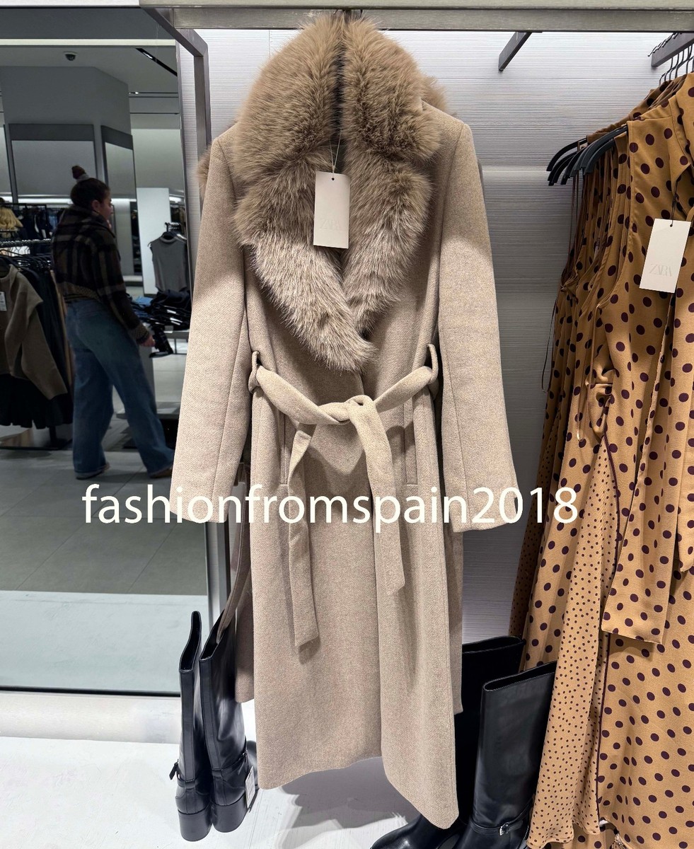 ZARA NEW WOMAN WOOL COAT WITH FAUX FUR LAPEL AND BELT LT.MINK XS