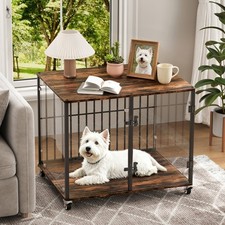 Ventilation and Full View Large Rustic Wooden Dog Crate Lockable Wheels Dog Cage