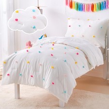 4 Piece White Boho Toddler Bedding Sets for Girls Colorful Pom Pom Comforter Set