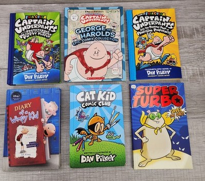  Lot of 6 Dav Pilkey Captain Underpants Cat Kid Diary of a Wimpy Kid HC Books