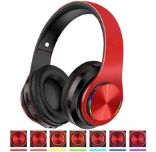 Red Black Bluetooth Over Ear Headphones Deep Bass LED Foldable Stereo