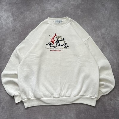 Vintage 90s Explorations Sweatshirt Mens XL White Whale Dolphin Nature
