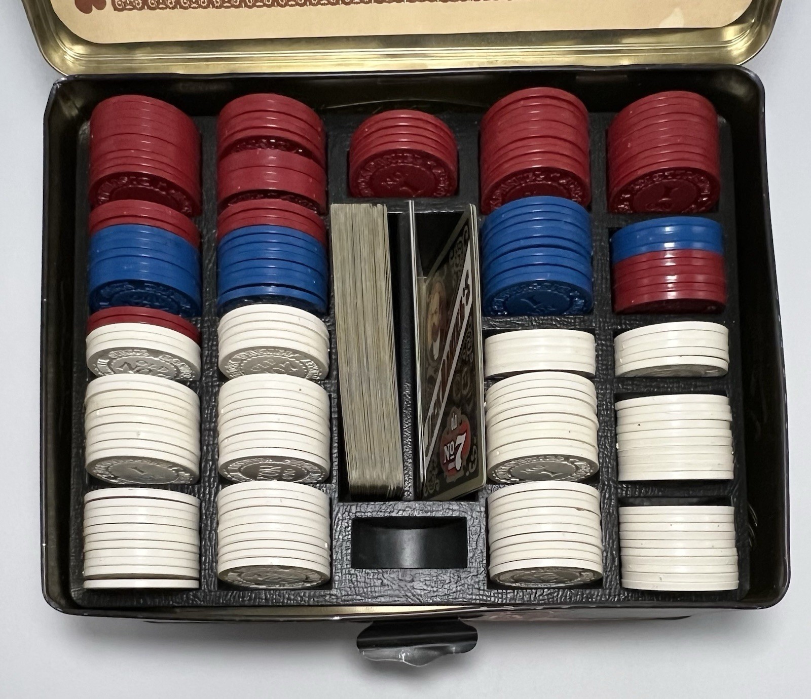 Vintage Jack Daniels Old No. 7 Tennessee Whiskey Poker Set Cards Chips Tin