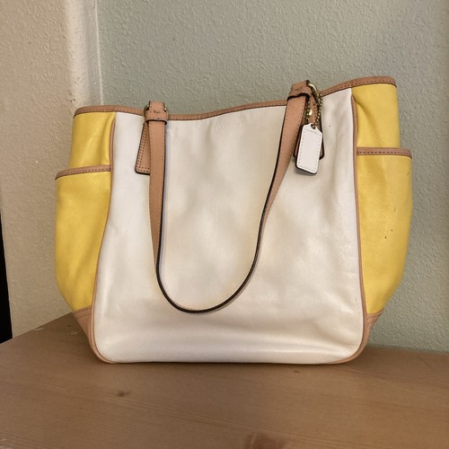 Coach Park Color Block Tote Shoulder Bag Smooth Leather Yellow Tan White F23683
