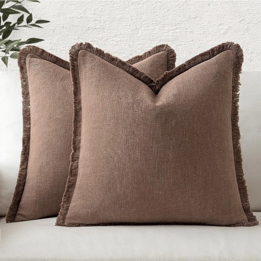 MIULEE Decorative Throw Pillow Covers Neutral Linen Fringe Throw Pillows Set of2