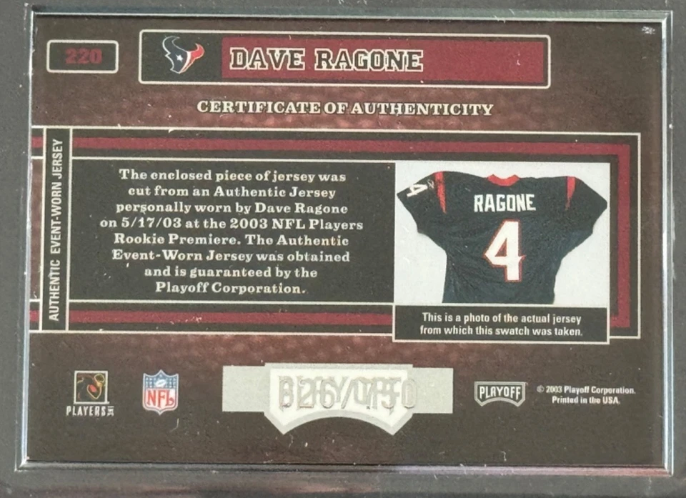 2003 Playoff Hog Heaven Dave Ragone MEM /750 #220 - Image 2 of 3