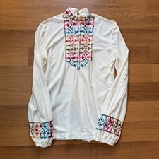 Women's Vintage 1970's Embroidered Folk White Multicolor Blouse Shirt Sz Medium