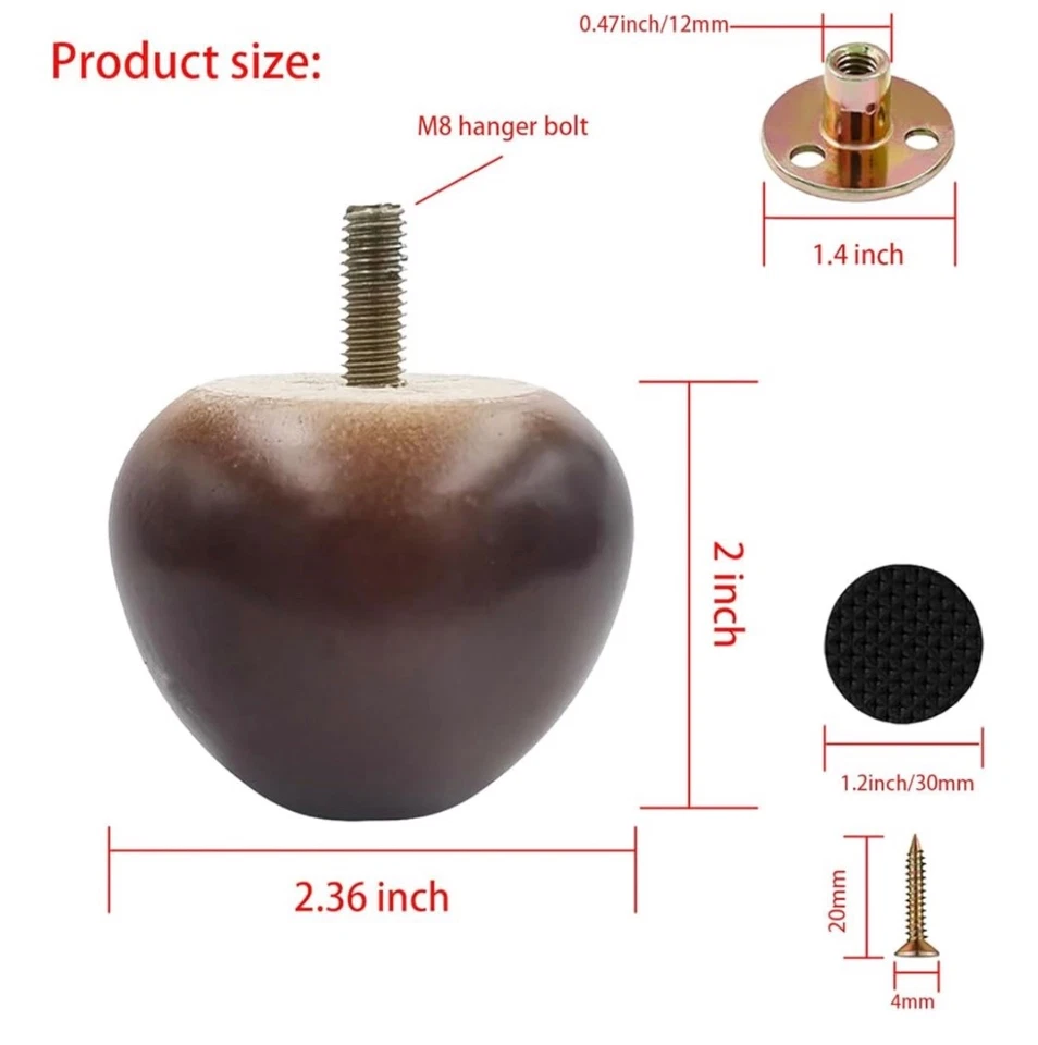 Pies de muebles de moño de 2 pulgadas redondos de madera maciza otomana/sofá/patas de sofá Foto 2 de 3