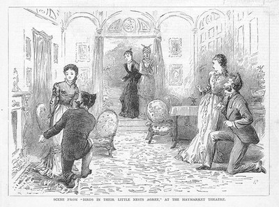 THEATER Vögel in ihren kleinen Nestern sind sich auf dem Heumarkt einig - antiker Druck 1876