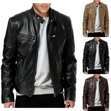 Men PU Leather Jacket with Stand Collar and Zipper Suitable for Autumn Casual