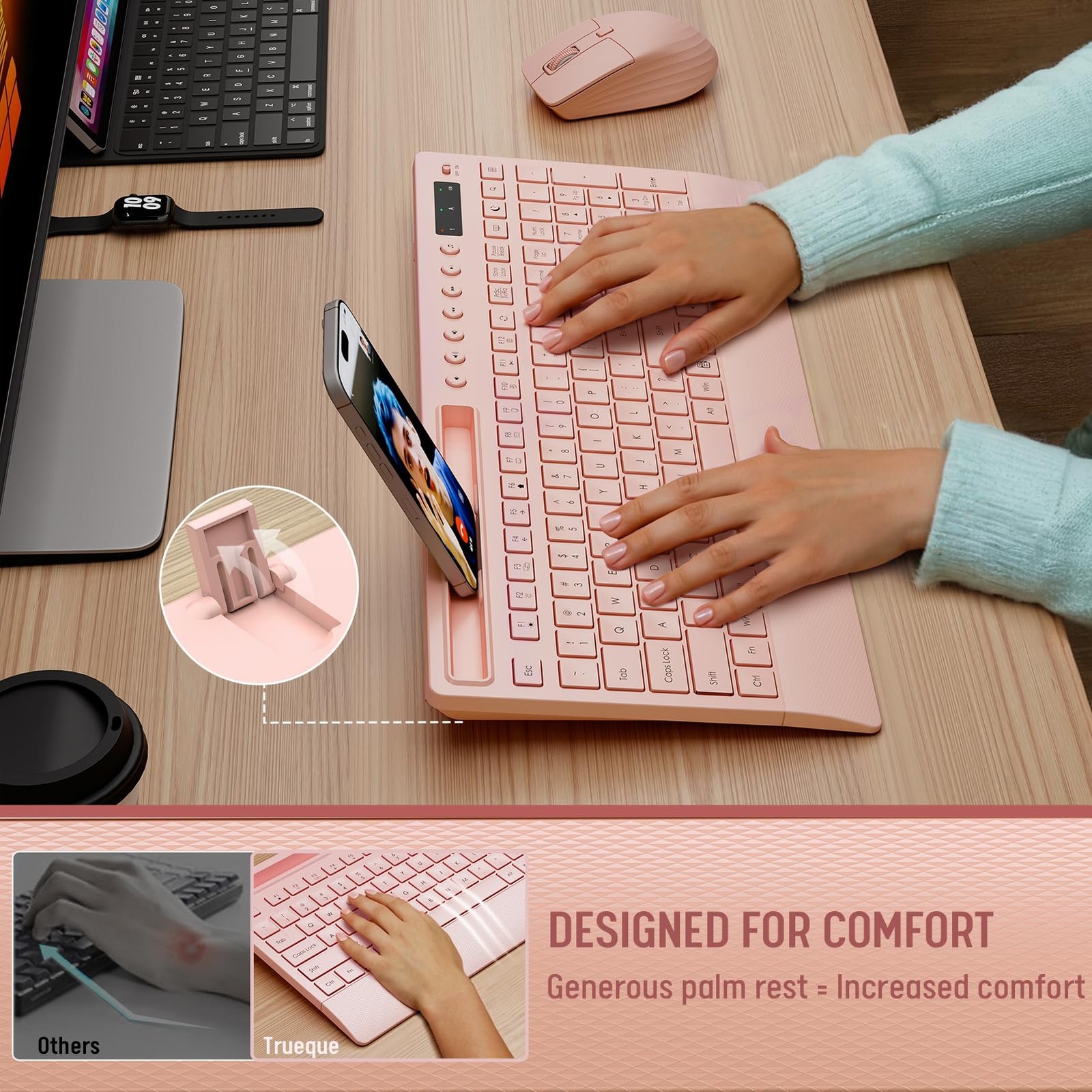 Pink Wireless Keyboard Mouse, 2.4G, Silent, Ergonomic Wrist Rest, Phone Holder