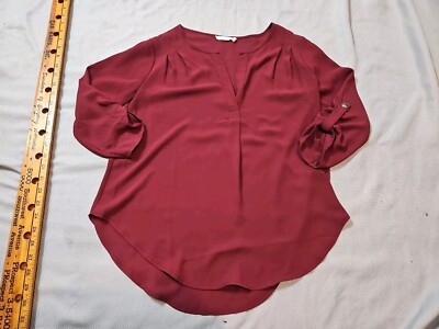 Lush Shirt Womens Extra Small XS Red V Neck Tunic Roll Tab Pullover Blouse Top