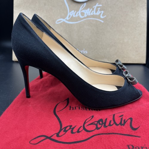 Christian Louboutin 85 Schwarz Leinen Peeptoe Heels Kristall Schleife Größe UK 4 EU 37