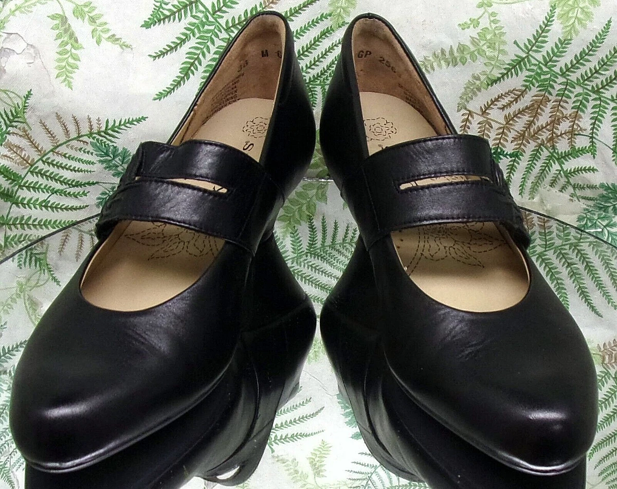KUMFS ZIERA BLACK LEATHER MARY JANES WORK DRESS HEELS PUMPS WOMENS