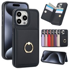 Credit Card Slots Wallet Rotating Ring Leather Case Cover For Apple iPhone