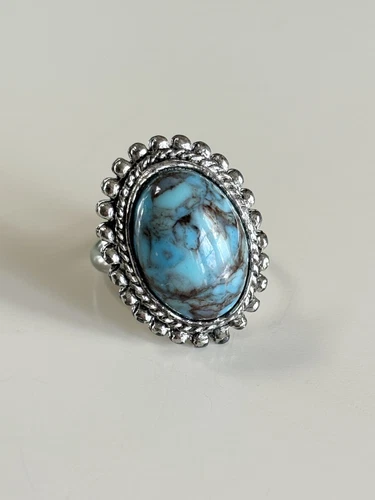 Vintage Costume Jewelry Turquoise & Silver Ring Adjustable Size 6.75