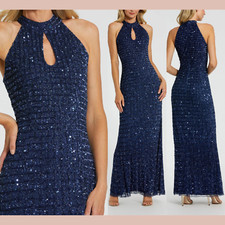 NWT MAC DUGGAL [ 8 ] 23018 Embellished Halter Neck Keyhole Gown Mid Blue #Q1151