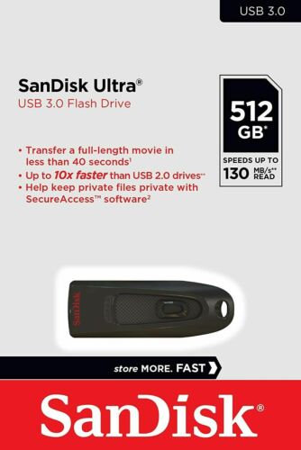 SanDisk 512GB Ultra 130MB/s High Speed USB 3.0 Flash Pen Thumb Drive SDCZ48-512G - Afbeelding 1 van 4
