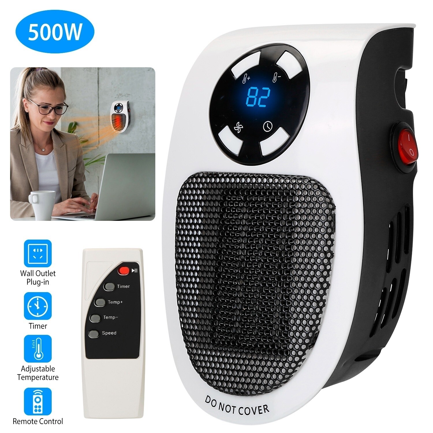 500W Portable Heater Fan Wall Outlet Space Heater Plug In Heater Adjustable  | eBay