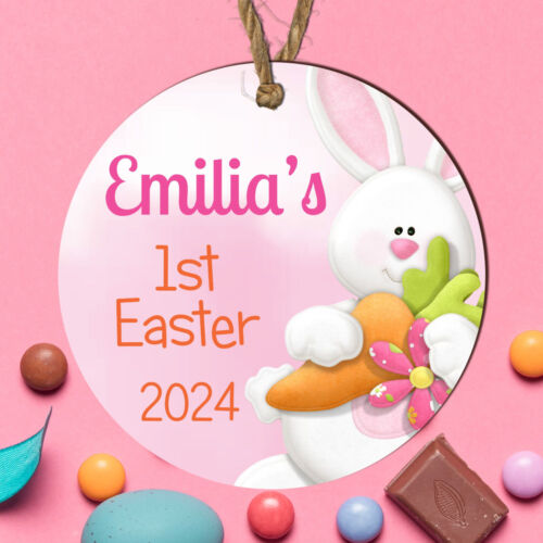 Personalised 1st First Easter Wooden Bauble Baby Girl Bunny Decoration Pink Gift - Picture 4 of 16