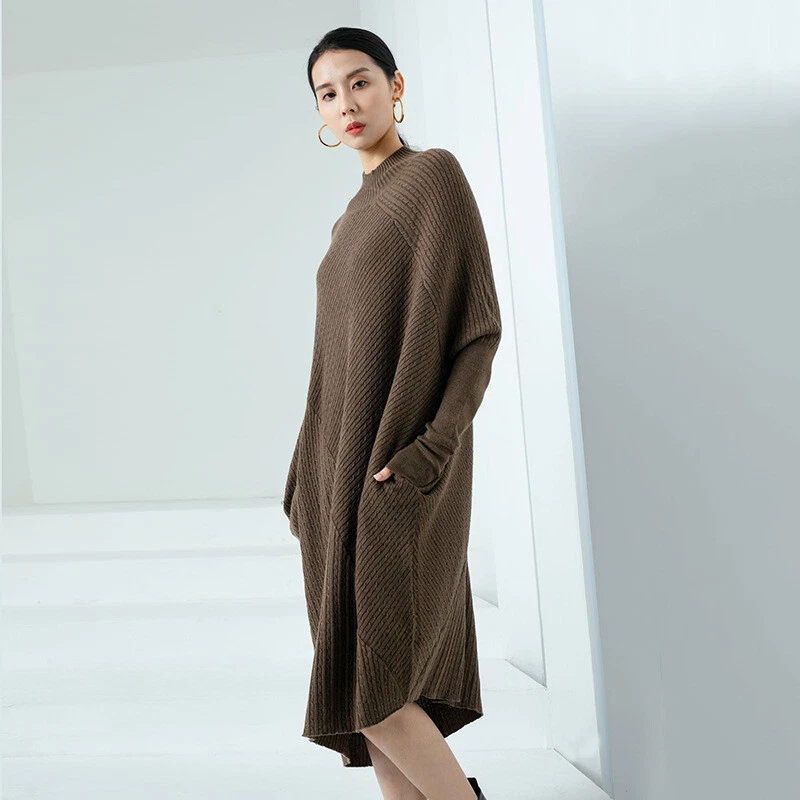 Vestido suéter tejido manga larga holgado para mujer falda línea A lana cachemir Foto 2 de 4