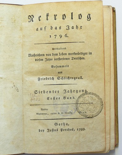 Friedrich Schlichtegroll: Necrólogo del año 1796 | Justus Perthes 1799 - Imagen 2 de 5