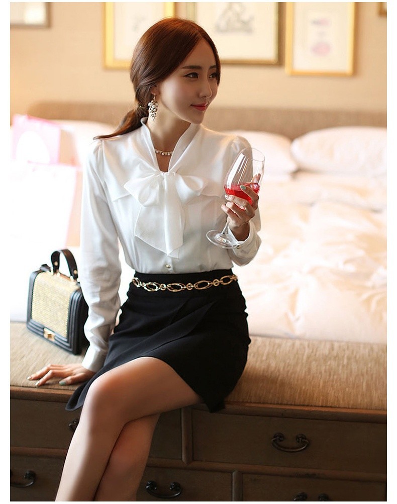 Women Lady Faux Satin Silk Bow Shirts Chiffon Basic Long Sleeve