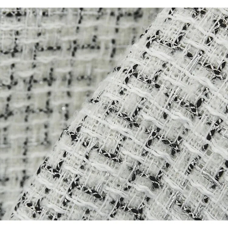 Tela de tweed tiene tejido de hilo negro para suite, chaqueta, uso diario por yarda Foto 4 de 4