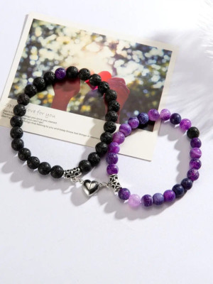 2Pcs/Set Beads Bracelet For Lovers Stone Distance Heart Magnet Couple Bracelets