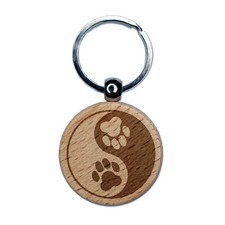 Paw Prints Yin Yang Cat Dog Engraved Wood Round Keychain Tag Charm