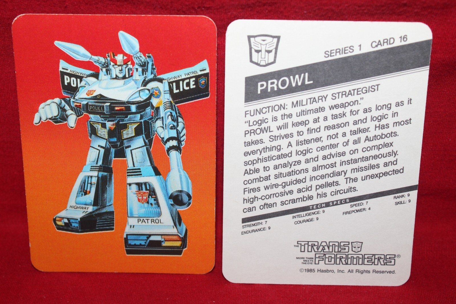 1985 Hasbro Transformers Card Prowl #16 Autobots Series 1