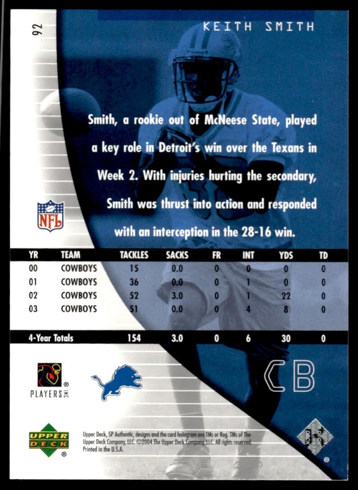 2004 SP Authentic Keith Smith Rookie 0437/1199 Detroit Lions #92 R148 - Image 2 of 2