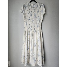Reformation Kiria Dress 12P Petites Smocked Floral Midi Truly Blue White NWT