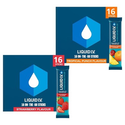 Liquid I.V. Elektrolyt 16 Portionen (2er Pack), Tropical Punch + Erdbeere 