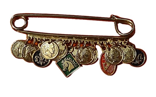Gold Tone Safety Pin Brooch Shawl, Kilt, With Coin Charms Horse, Fleur-de-lis
