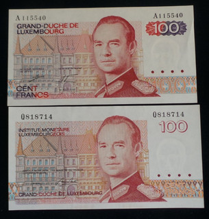 Luxembourg 2 x UNC 100 Francs Banknotes. (1980 & 1986). Pick #'s; 57 & 58.