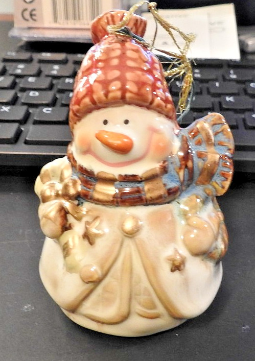 CERAMIC SNOWMAN WITH RED WINTER HAT CHRISTMAS TREE ORNAMENT