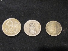 Lot of 3 Vintage Foreign Silver Coins 6p UK 1930 P/US 20 cent 1944 1 mark 1924