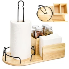 Wood Towel Stand, Towel Roll Napkin Holder Caddy with 2 Spice Compartments, P...
