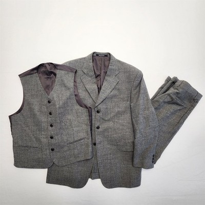 Classic 40S 30x30 Gray Wool Blend Slub Tweed 3 Piece Vest Mens Jacket Pants Suit