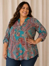Dear Scarlett Plus Size Women’s Top Blouse XL Will Fit 1X Blue Teal Paisley NWT