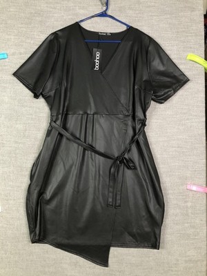 Boohoo Dress Womens 18 Black Plus Leather Look Wrap Short Sleeve Belted V Neck