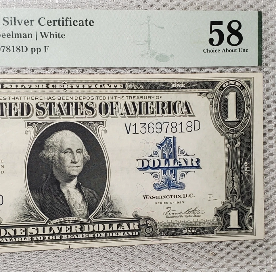 1923 $1 Silver Certificate Horse Blanket Blue Seal Large Size V-D Block PMG 58  - Image 2 of 4